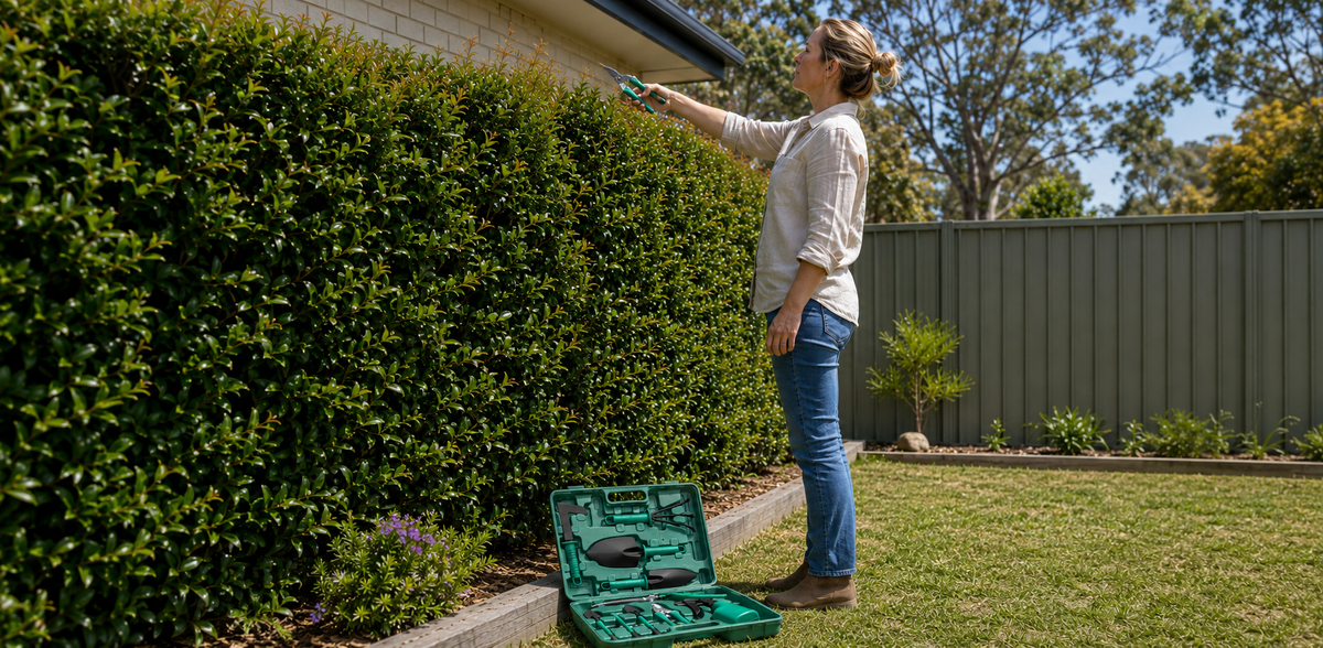 A woman in a backyard is trimming a tall green hedge with hedge shears, with an open green tool case on the grass below.