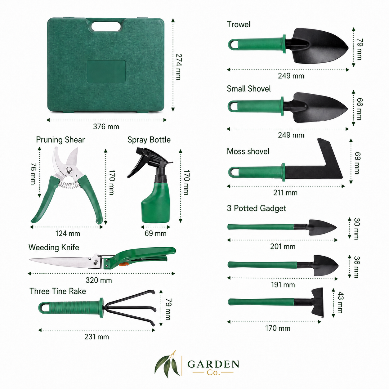 A garden tool set laid out on a white background with dimension callouts for each item. The set includes a green storage case, pruning shear, spray bottle, weeding knife, three tines, three small hand tools, a moss shovel, and a trowel.