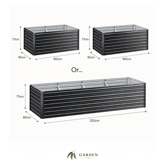 2 in 1 galvanised garden beds with dimensions on a white background