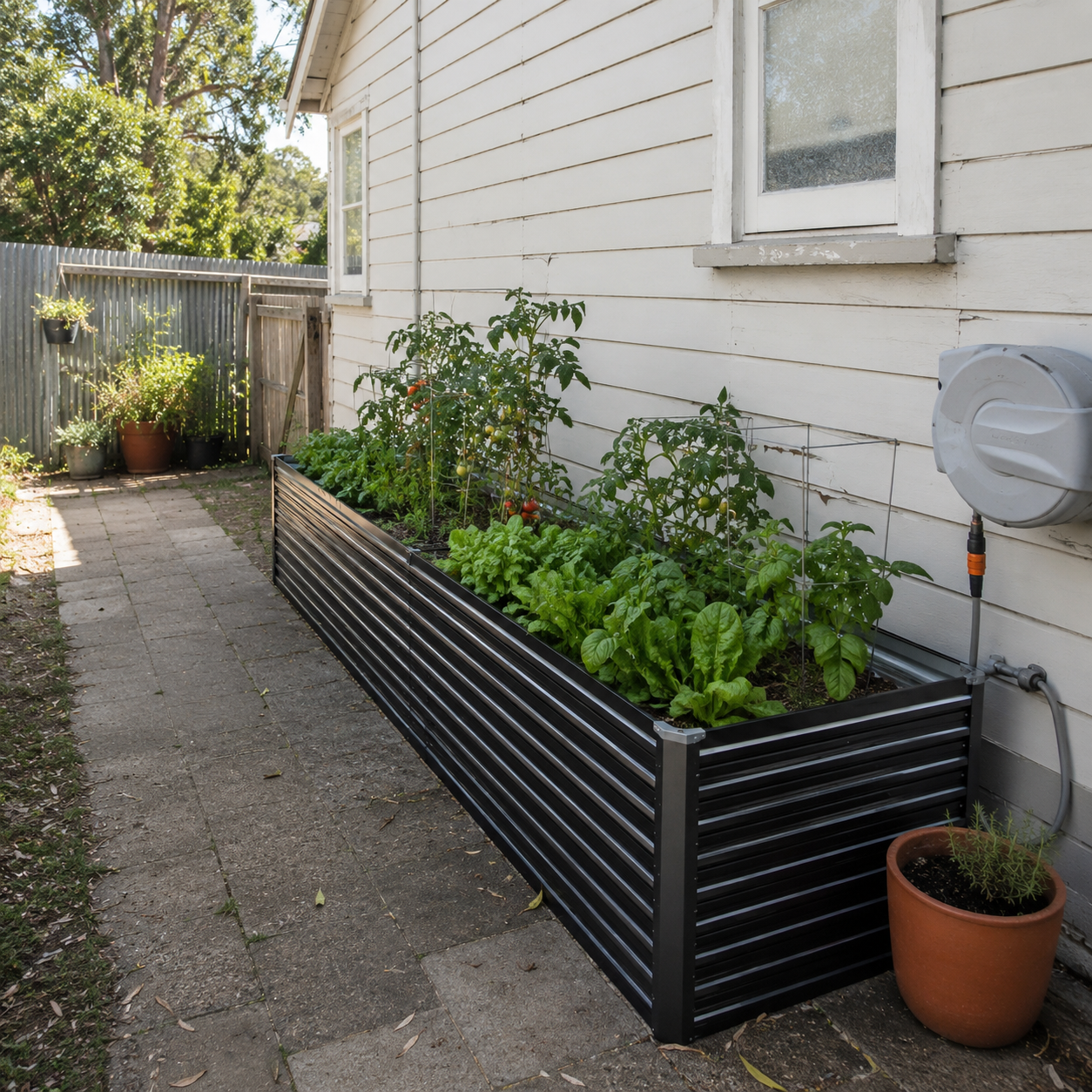 2 in 1 galvanised garden bed with green plants against a house exterior.