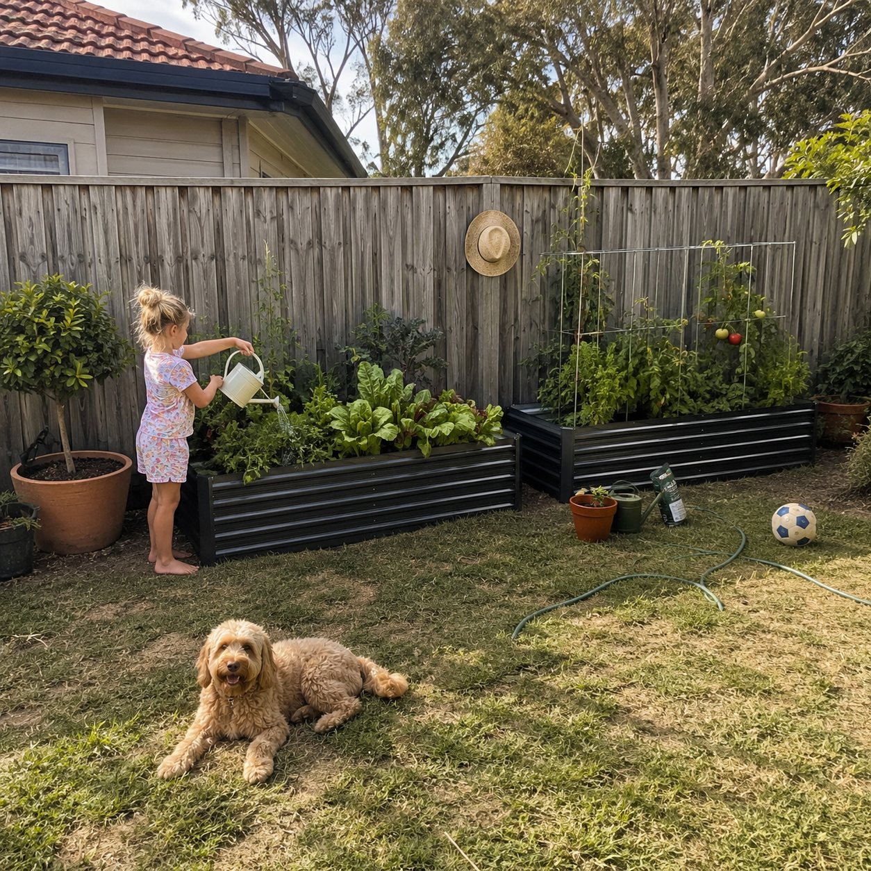Child watering plants in a garden with a dog lying on the grass.