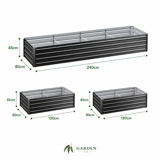 Dimensions of metal garden planters with 'Garden Co' branding.