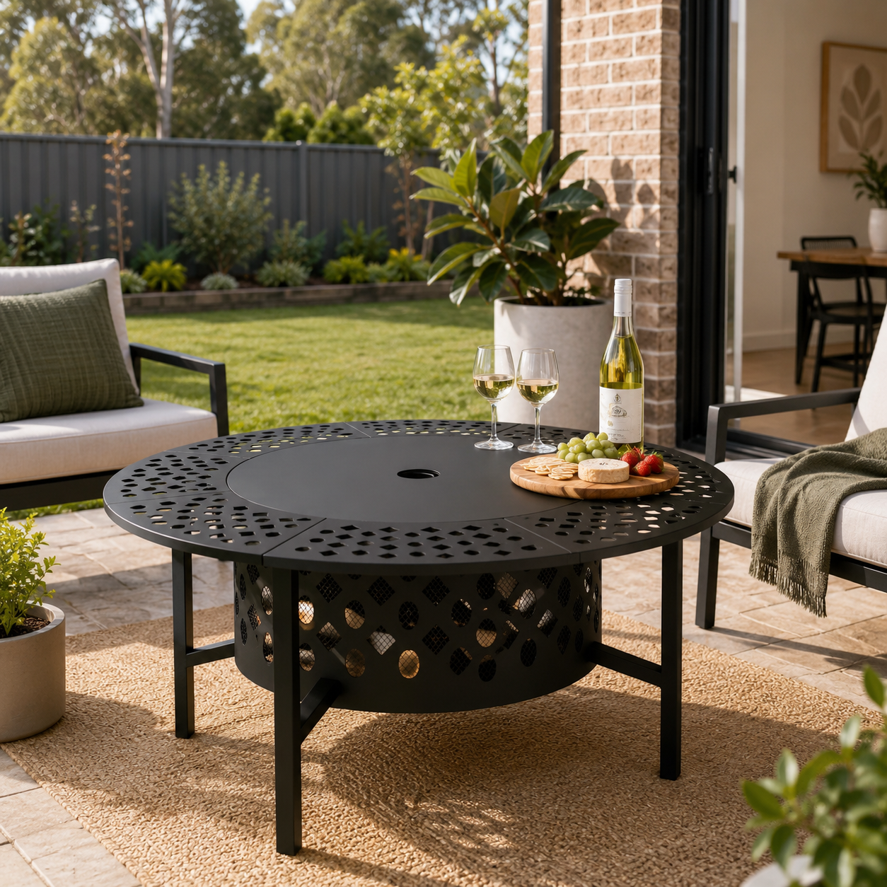Outdoor patio setting with a black fire pit table, chairs, and a bottle of wine.