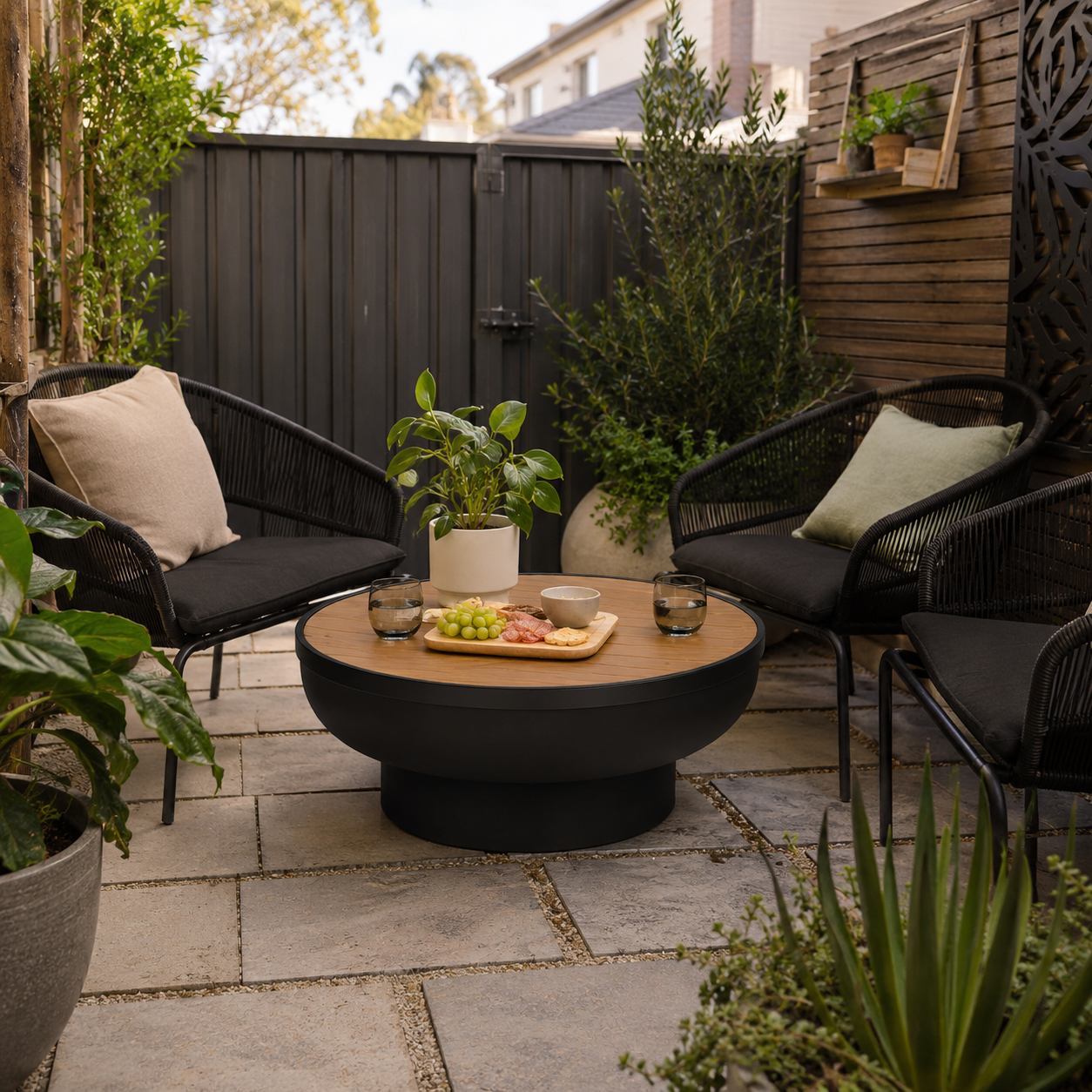 Outdoor patio with black chairs, wooden table, and potted plants