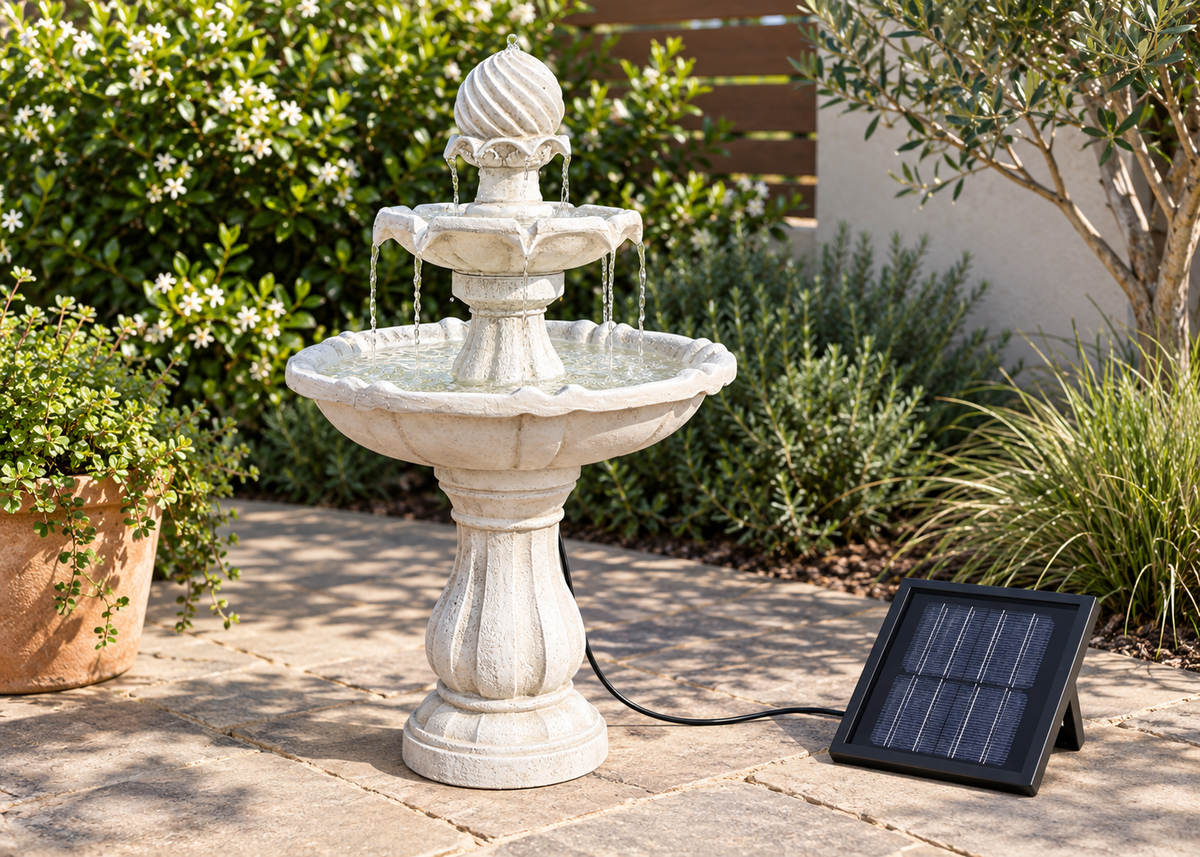 A two-tiered stone fountain with water flowing from the top tier into a basin, placed outdoors on a stone patio next to a small black solar panel. The background features green shrubs, a potted plant, and a wooden fence.