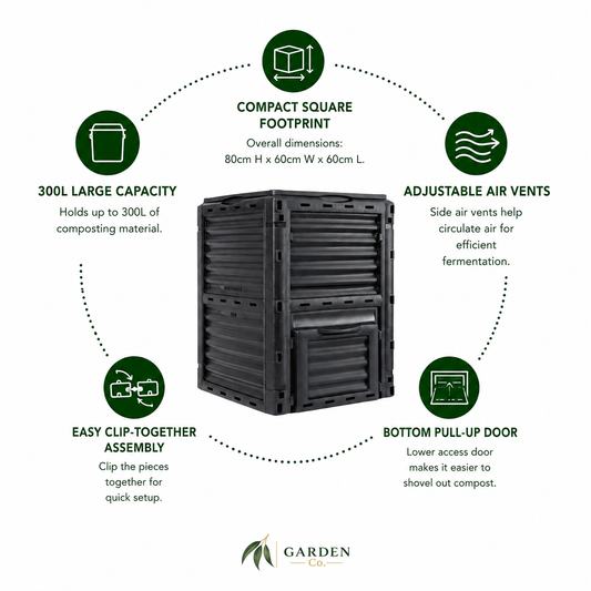 Features of a 300 litre compost bin on a white background with the Garden Co logo on the bottom.