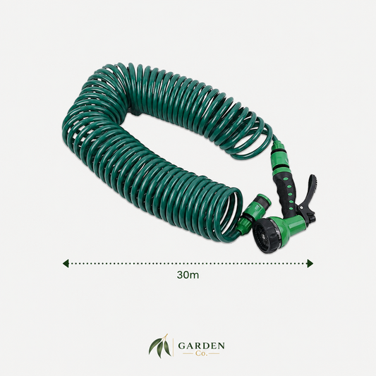 A coiled green garden hose with a spray nozzle on a light gray background, with a dimension label indicating 30m length and a Garden Co logo below.