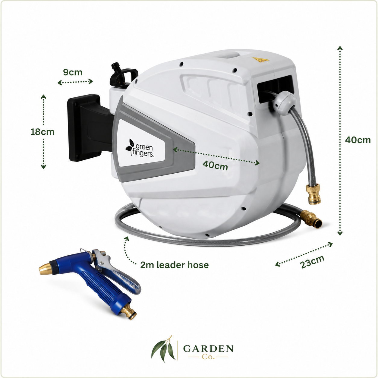 White and gray Green Fingers wall-mounted garden hose reel with a blue and gold spray nozzle, shown with dimension callouts and a 2m leader hose on a white background.