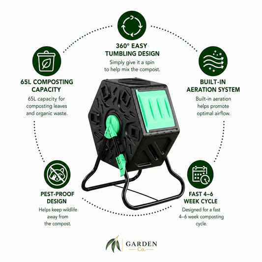Features of the 65l tumbling compost bin on a white background with the Garden Co logo at the bottom