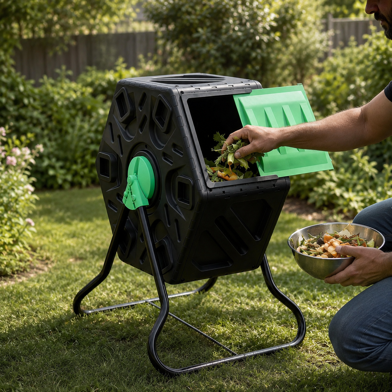 Man using 65 litre tumbling compost bin
