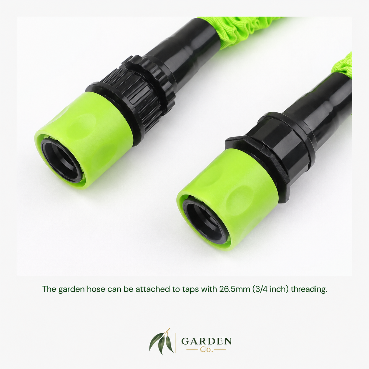 A close-up of a garden hose connector showing a bright green and black threaded fitting, with a short section of neon green hose visible. Text below states the hose can be attached to 26.