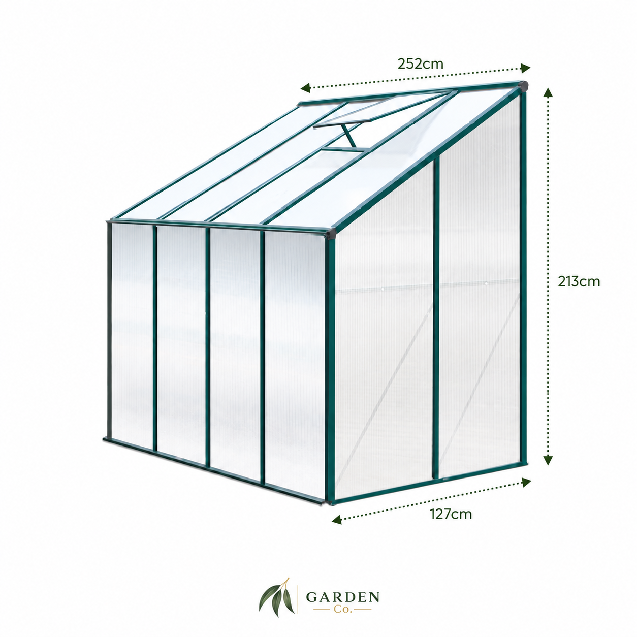 A greenhouse with transparent panels and a dark green frame, shown with dimension arrows and labels indicating 252 cm width, 213 cm height, and 127 cm depth, on a white background. Garden Pro logo appears below.