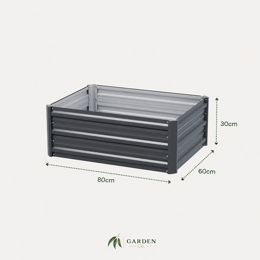 A dark gray rectangular planter box with dimension labels showing 80cm length, 60cm width, and 30cm height, on a light gray background with the Garden Club logo at the bottom.