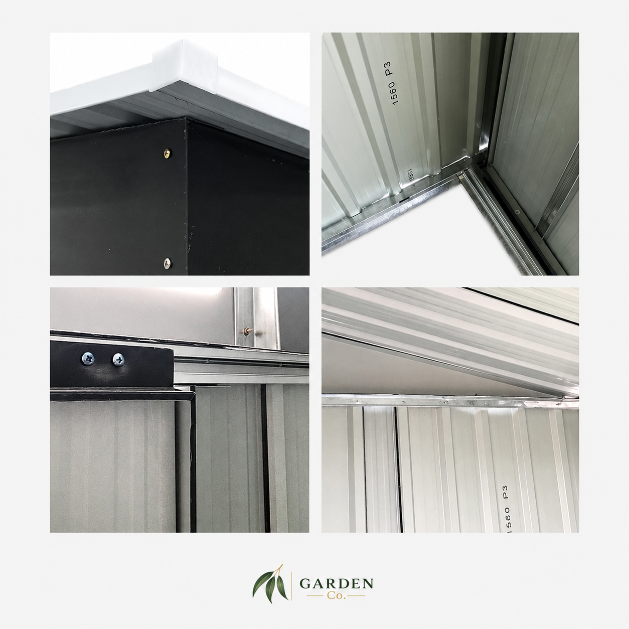 Four-panel close-up collage of a metal garden shed or storage unit, showing the corner construction, interior corner, side panel details, and corrugated metal exterior. The brand name Garden Care with leaf logo appears at the bottom on a light gray background.