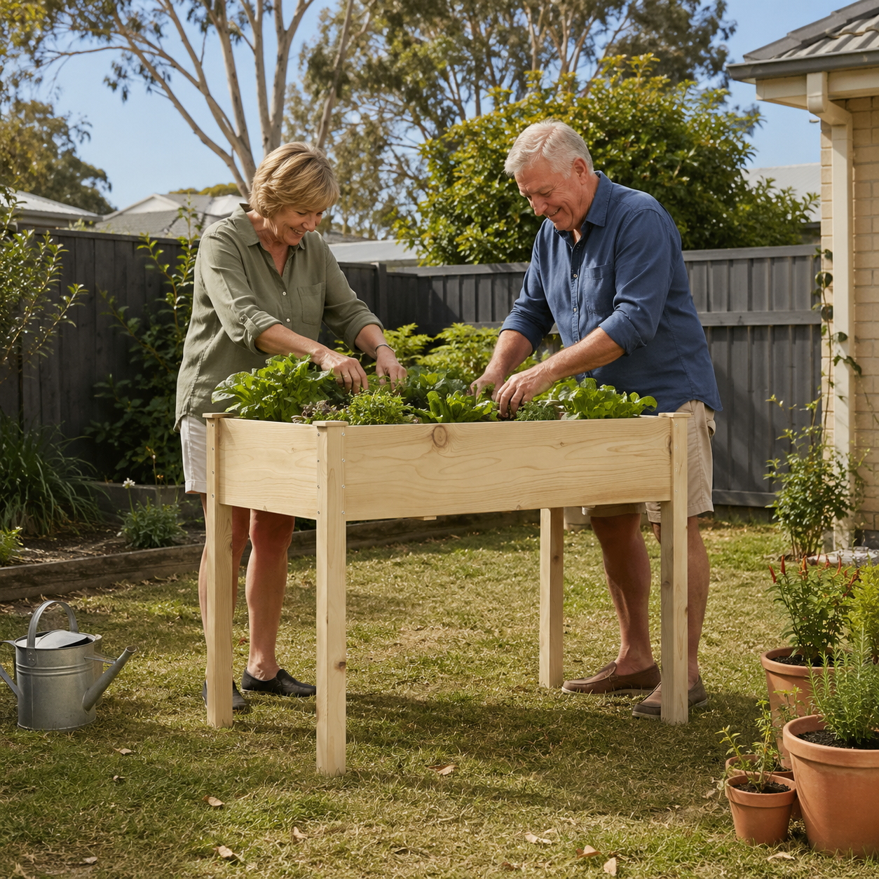 Two people tending to plants in a raised garden bed outdoors.