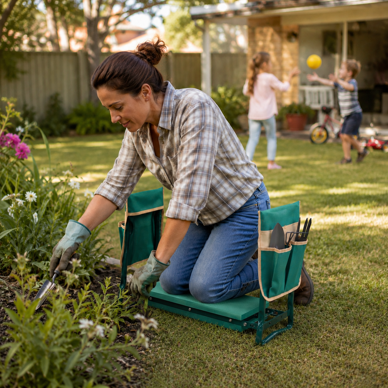 A woman kneels in a grassy backyard garden bed using a green kneeling gardening stool with side pockets, while gardening. Two children play in the background on a sunny lawn.