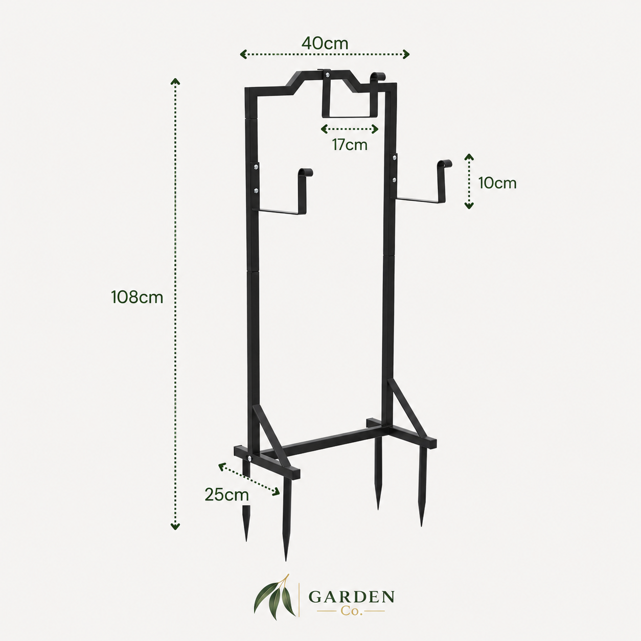 Black metal garden stake holder with dimension annotations showing 108cm height, 40cm top width, 17cm center top width, 10cm side hook depth, and 25cm stake tip depth, on a light gray background with Garden Club logo.