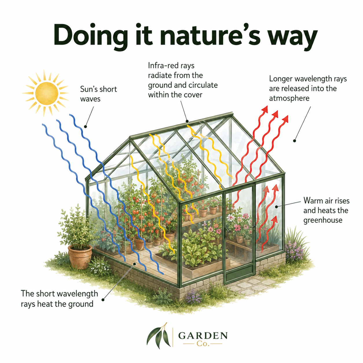 An educational infographic titled 'Doing it nature's way' explains greenhouse temperature regulation with labeled diagrams of sunlight, infrared rays, warm air, and a greenhouse illustration on a white background.