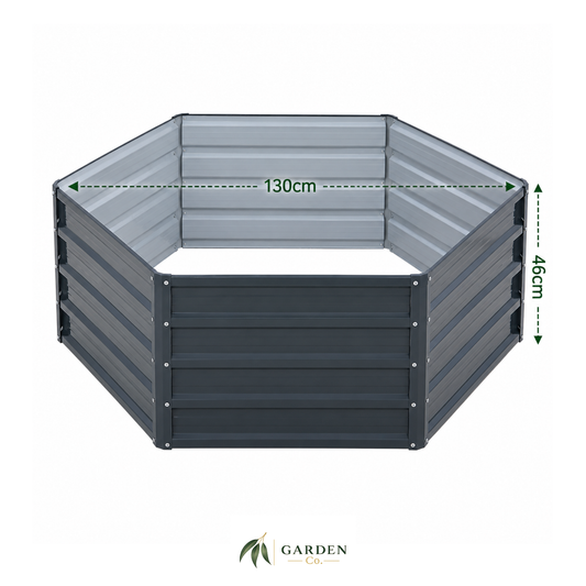 Hexagonal steel raised garden bed with dimensions on a white background