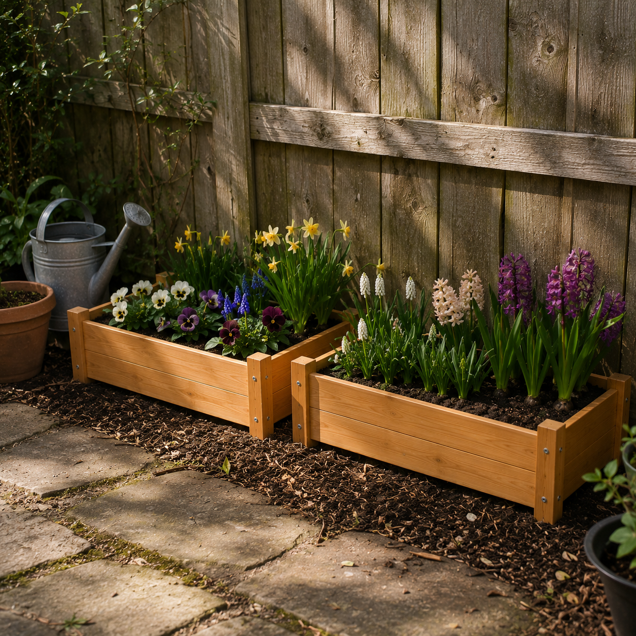 Low wooden planter box with flowers against a wooden fence.