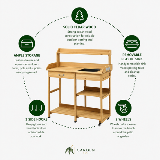 Wooden gardening bench with features highlighted on a white background