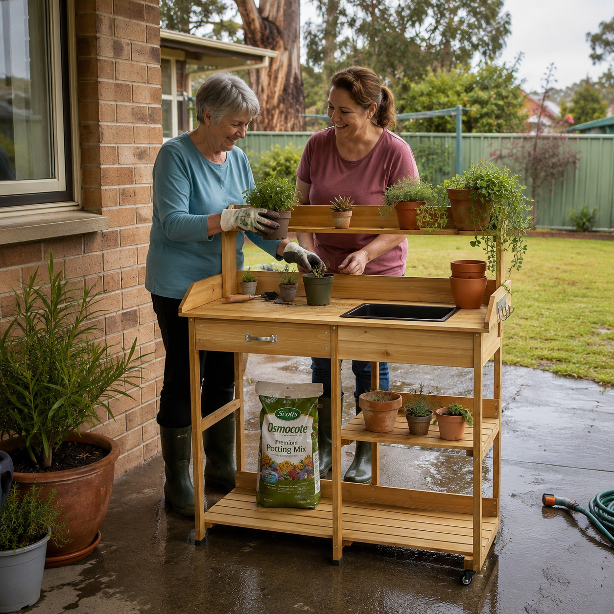 Two women tending to plants on a wooden outdoor kitchen cart in a garden setting.
