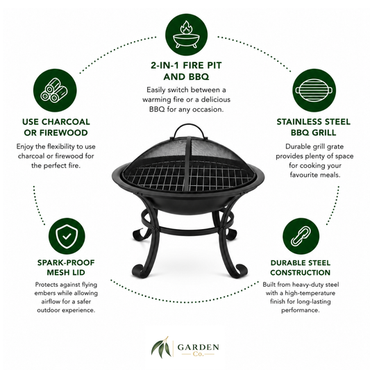 Outdoor fire pit BBQ 2-in-1 with features highlighted on a white background