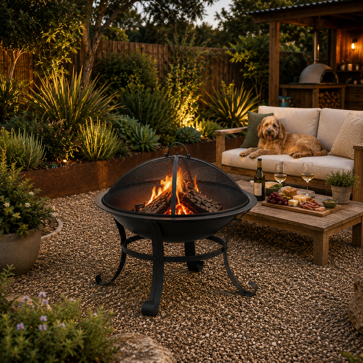 Outdoor Fire Pit BBQ 2-in-1 in evening setting with a fire pit, sofa, and dog in a garden.
