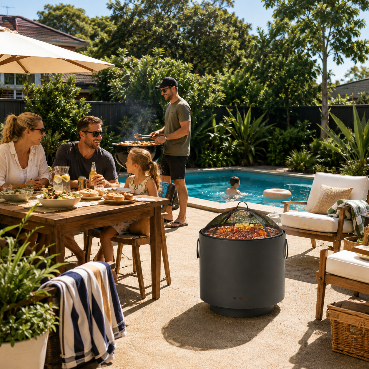 Outdoor Fire Pit BBQ scene showing cooking capability