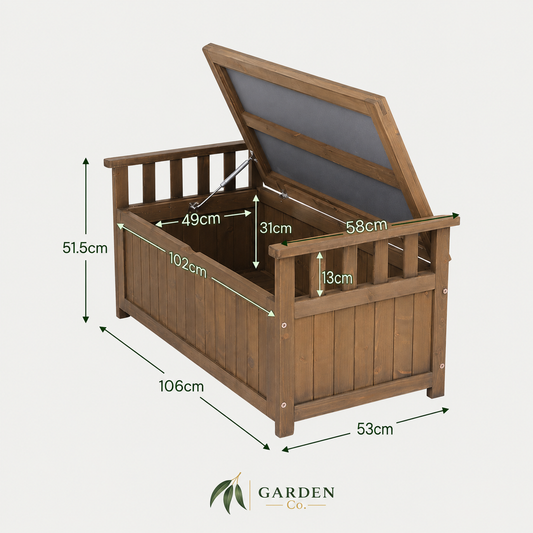 Wooden storage bench with dimensions labeled on a white background