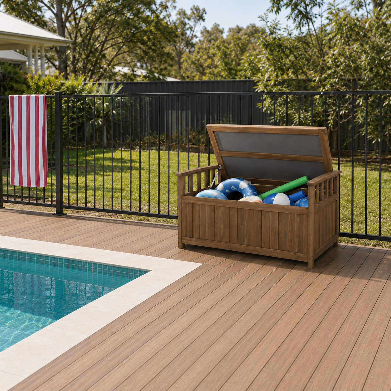 Wooden storage bench with pool toys on a wooden deck by a pool