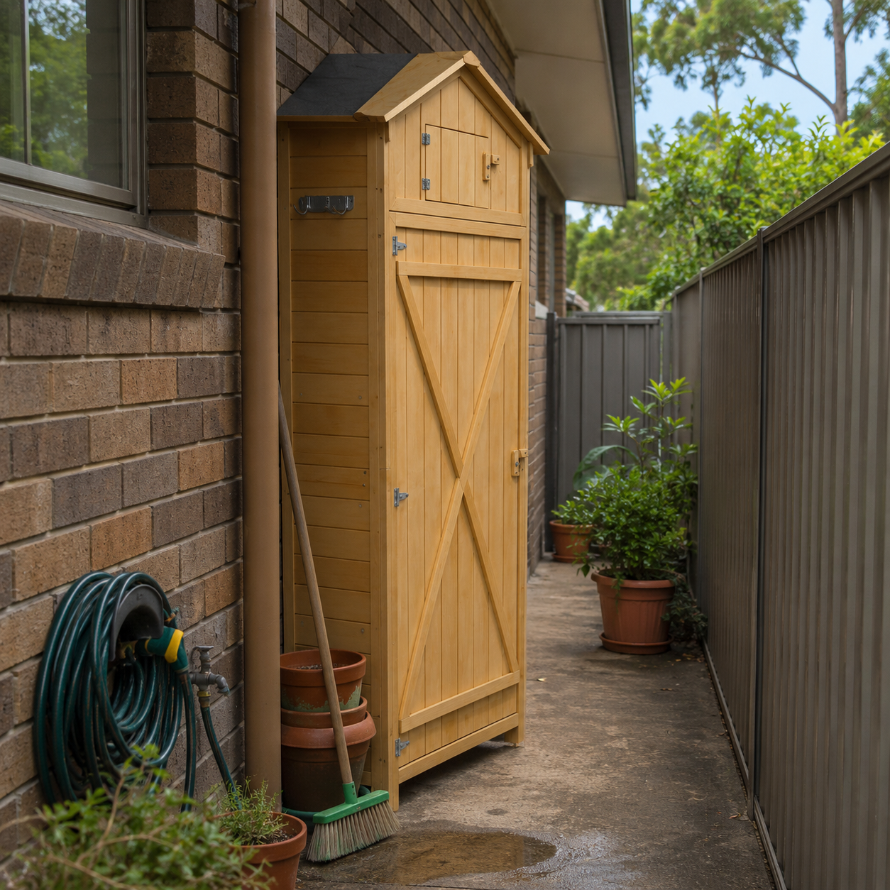 Wooden storage cabinet attached to a house with garden tools and plants around