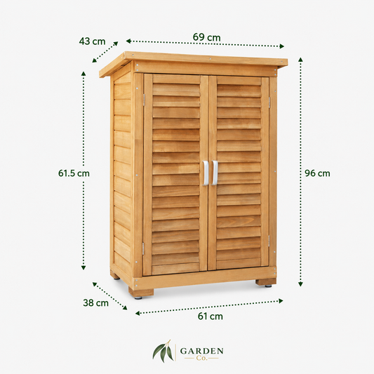 Wooden cabinet with dimensions labeled on a white background, featuring the Garden Co. logo.