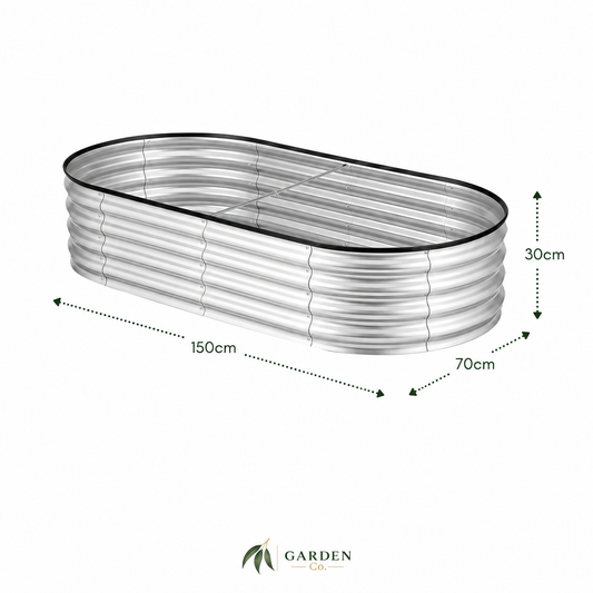 An oval corrugated metal raised garden bed shown on a white background with dimension arrows and labels indicating 150 cm length, 70 cm width, and 30 cm height. A Garden One Go logo appears at the bottom.