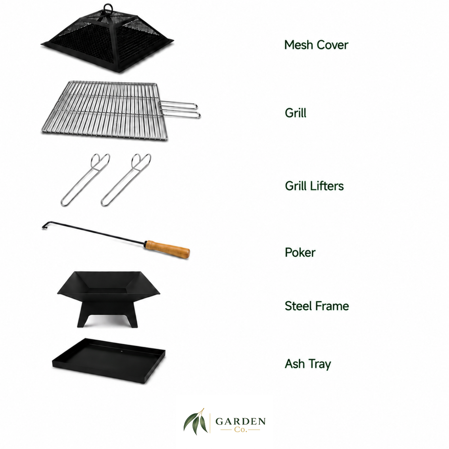 Portable 2-in-1 fire pit with mesh cover, grill, grill lifters, poker, steel frame, and ash tray on a white background.