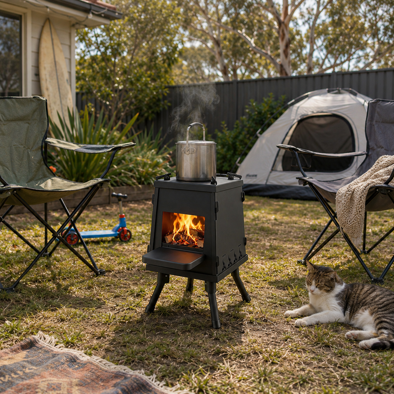 Portable Cast Iron Camping Stove in a backyard camping scene with chairs, and a tent in a background.