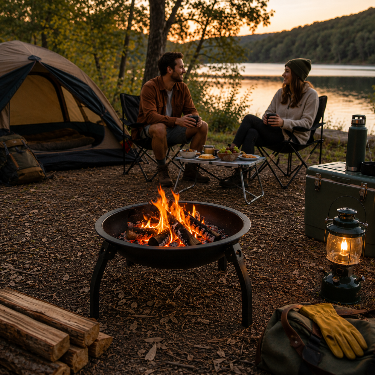 Portable Steel Fire Pit 65cm with two people sitting by a campfire by a lake at sunset.