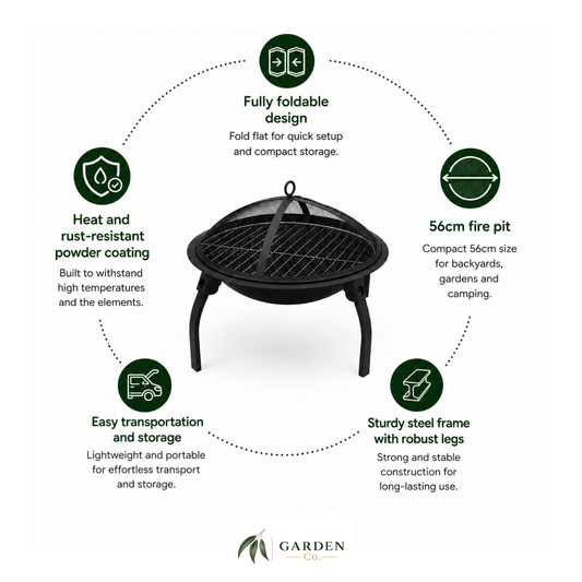 Portable steel fire pit 65cm with features listed on a white background