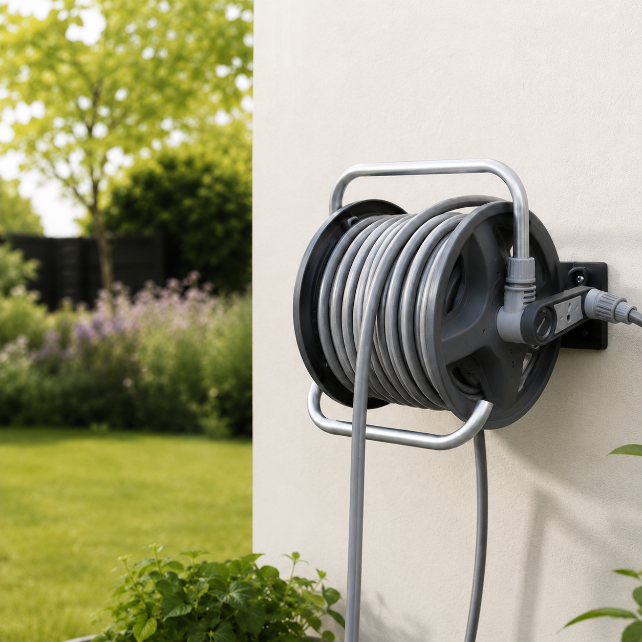 Garden hose reel mounted on a wall with outdoor setting