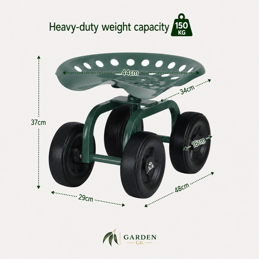 A green wheeled garden seat with dimension labels showing height, width, and depth measurements, plus a weight badge reading 150 kg, on a light beige background. Garden Co logo appears at the bottom.