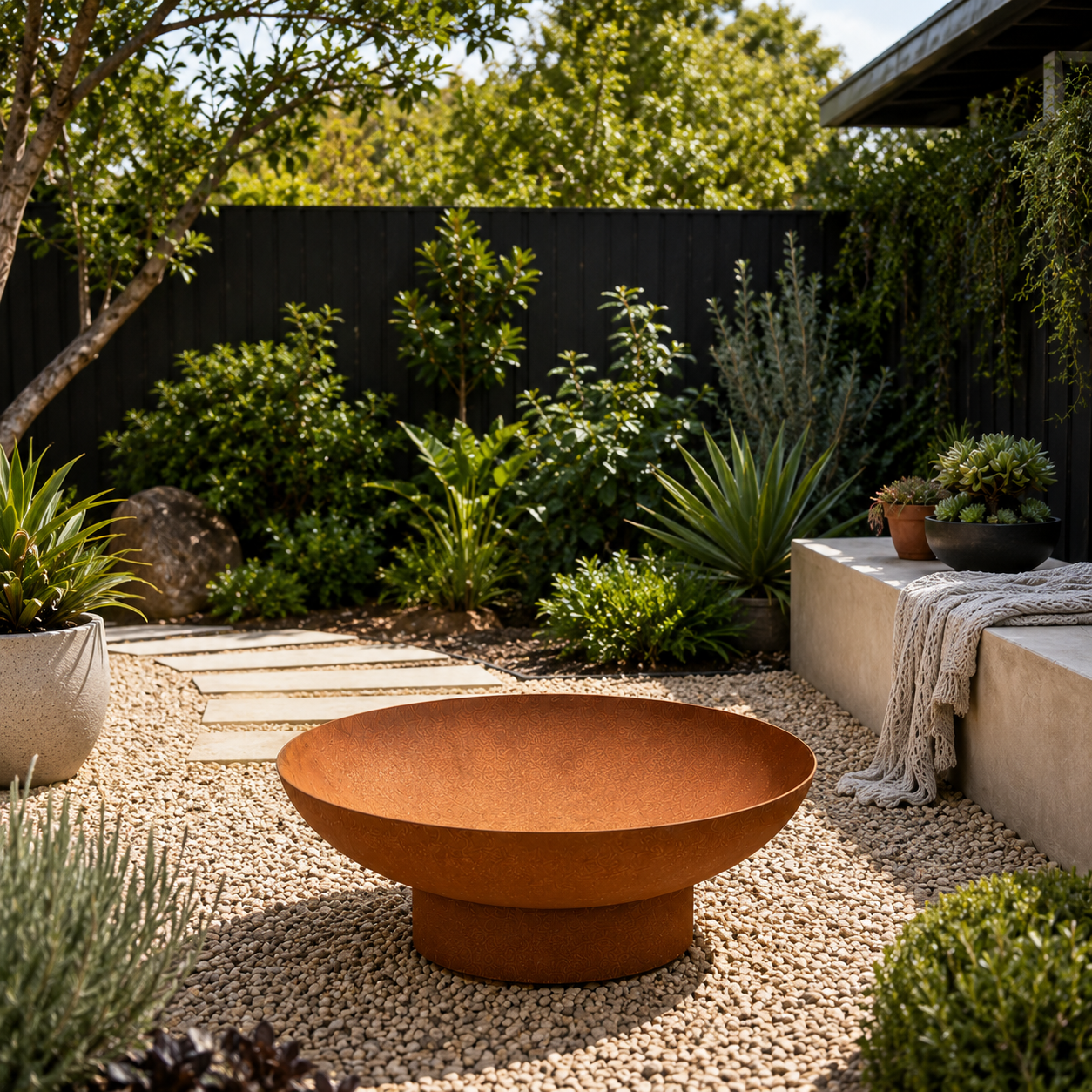 Rustic 80cm Outdoor Fire Pit in a garden setting with plants and a black fence.