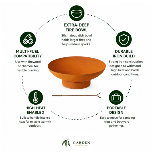 Rustic 80cm Outdoor Fire Pit with features listed on a white background