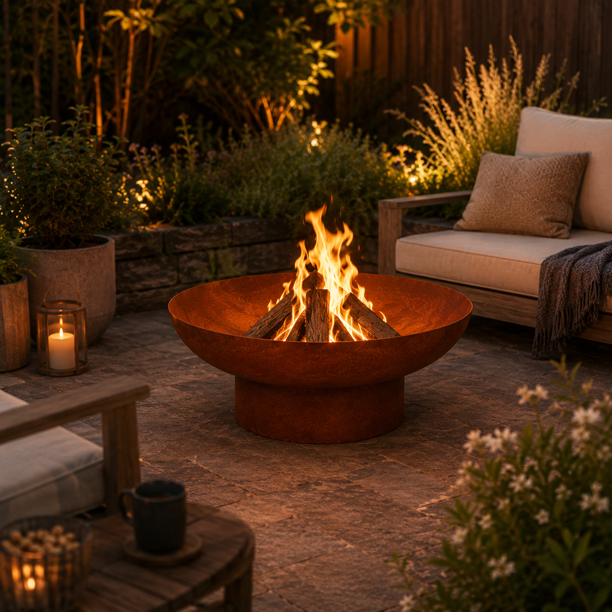 Rustic Cast Iron Fire Pit 70cm β outdoor patio with fire pit, seating area and garden lights
