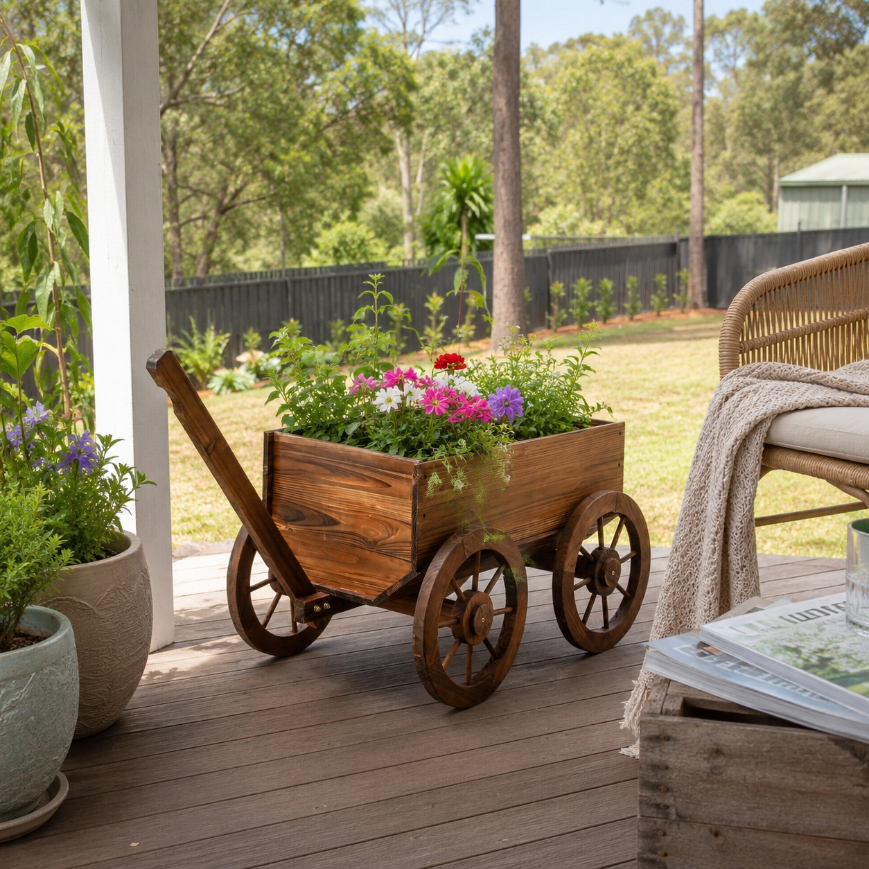 Wooden wheelbarrow with flowers on a wooden deck