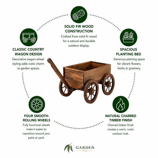 Wooden garden cart with features highlighted on a white background