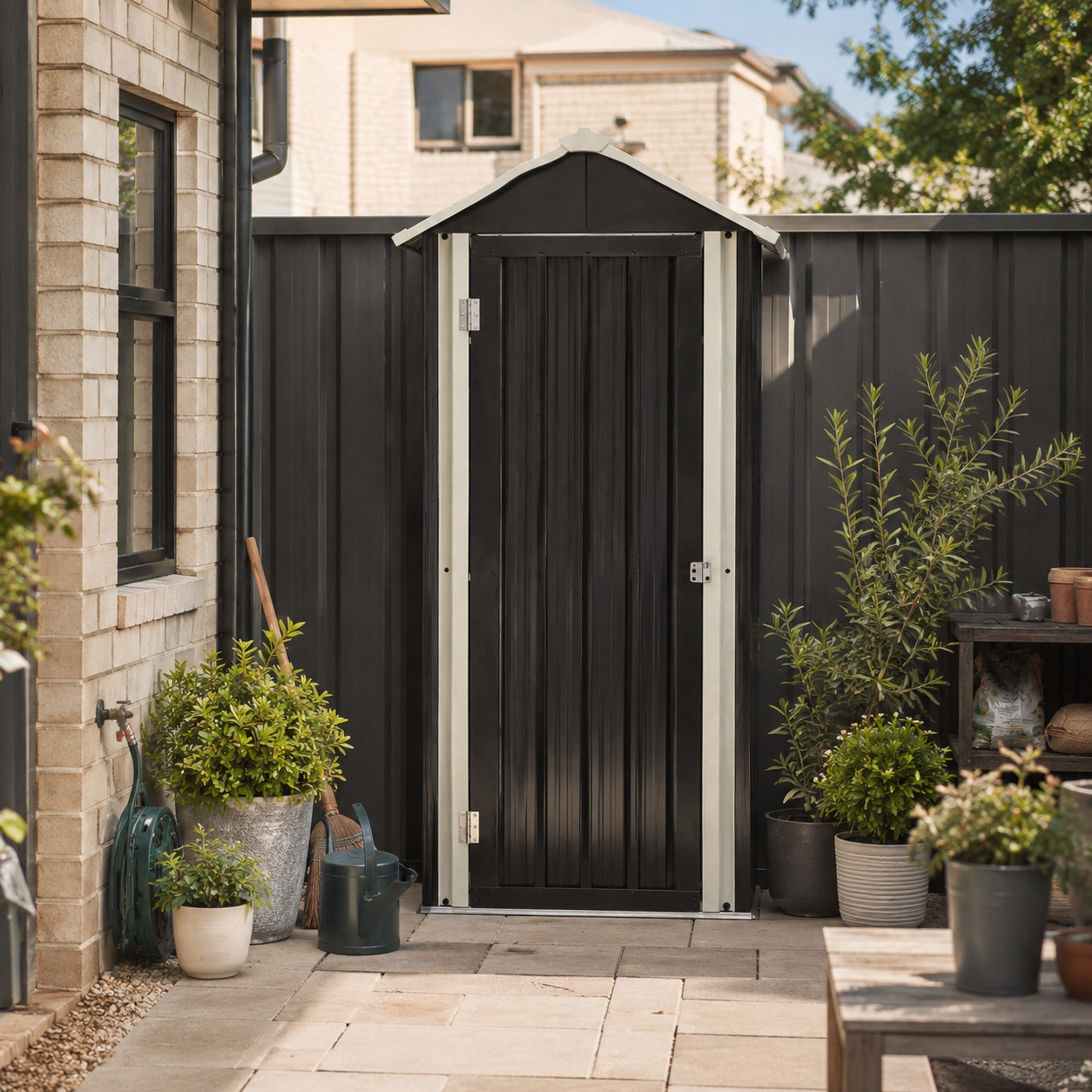 Black garden shed with plants and a table in front of a house