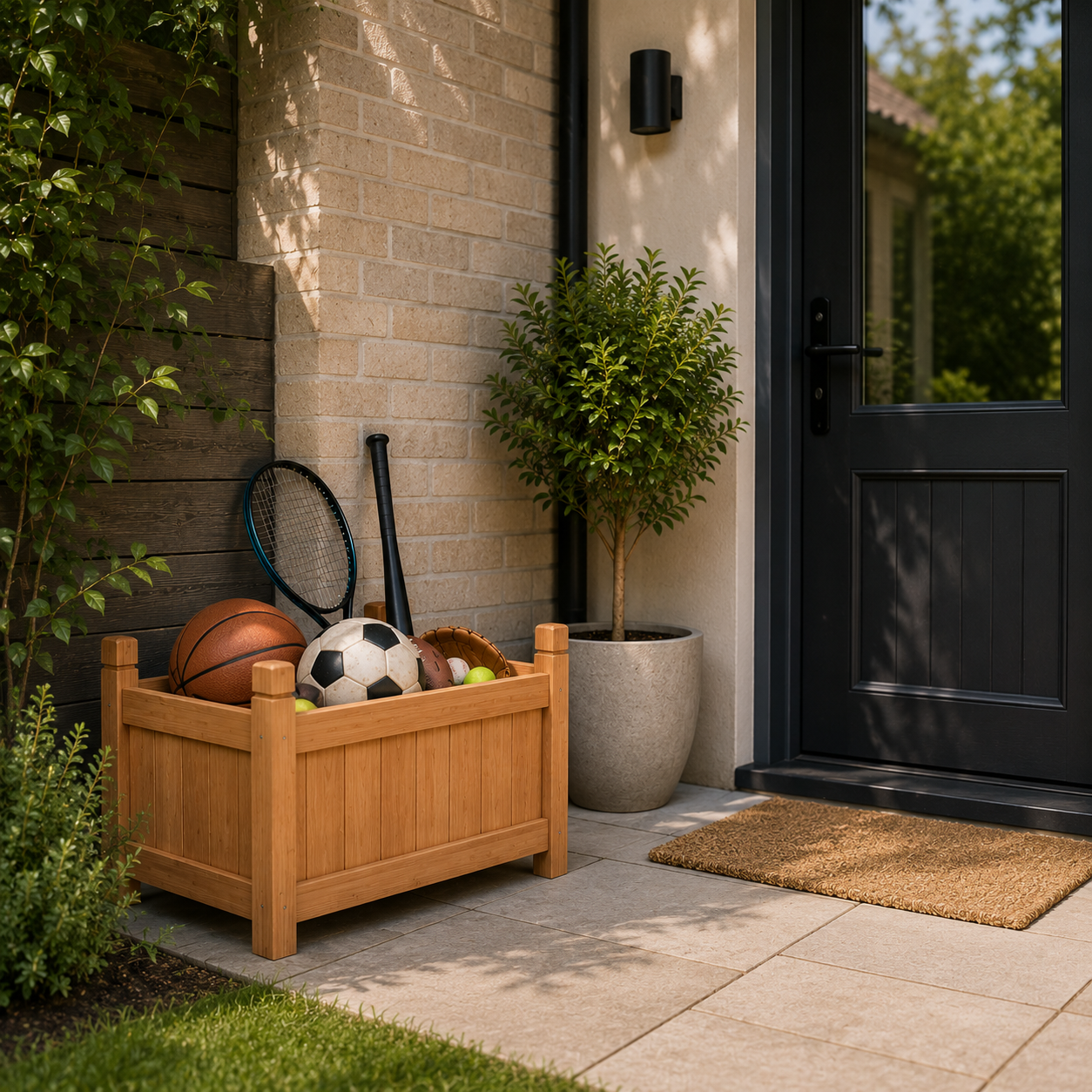 Small Wooden Storage Box with sports balls outside a house entrance