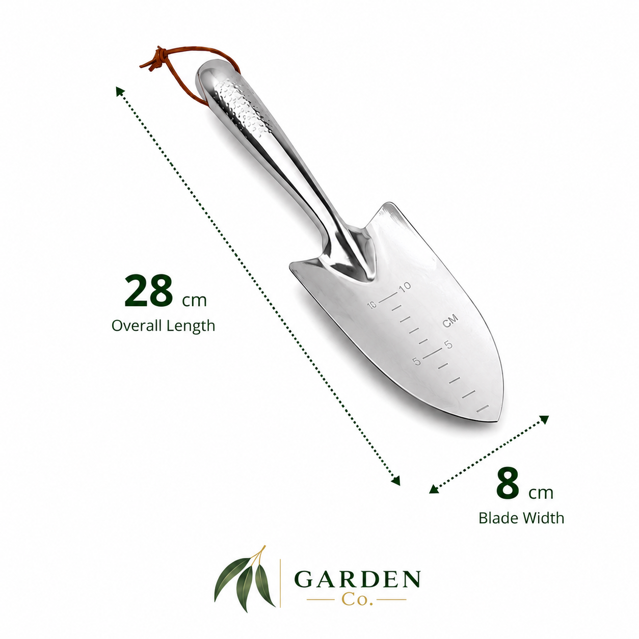 A stainless steel garden trowel with a measurement scale on the blade, shown with dotted arrows and text indicating an overall length of 28 cm and a blade width of 8 cm. The trowel has a textured handle with a brown loop at the top and is set against a plain white background with the Garden Co.