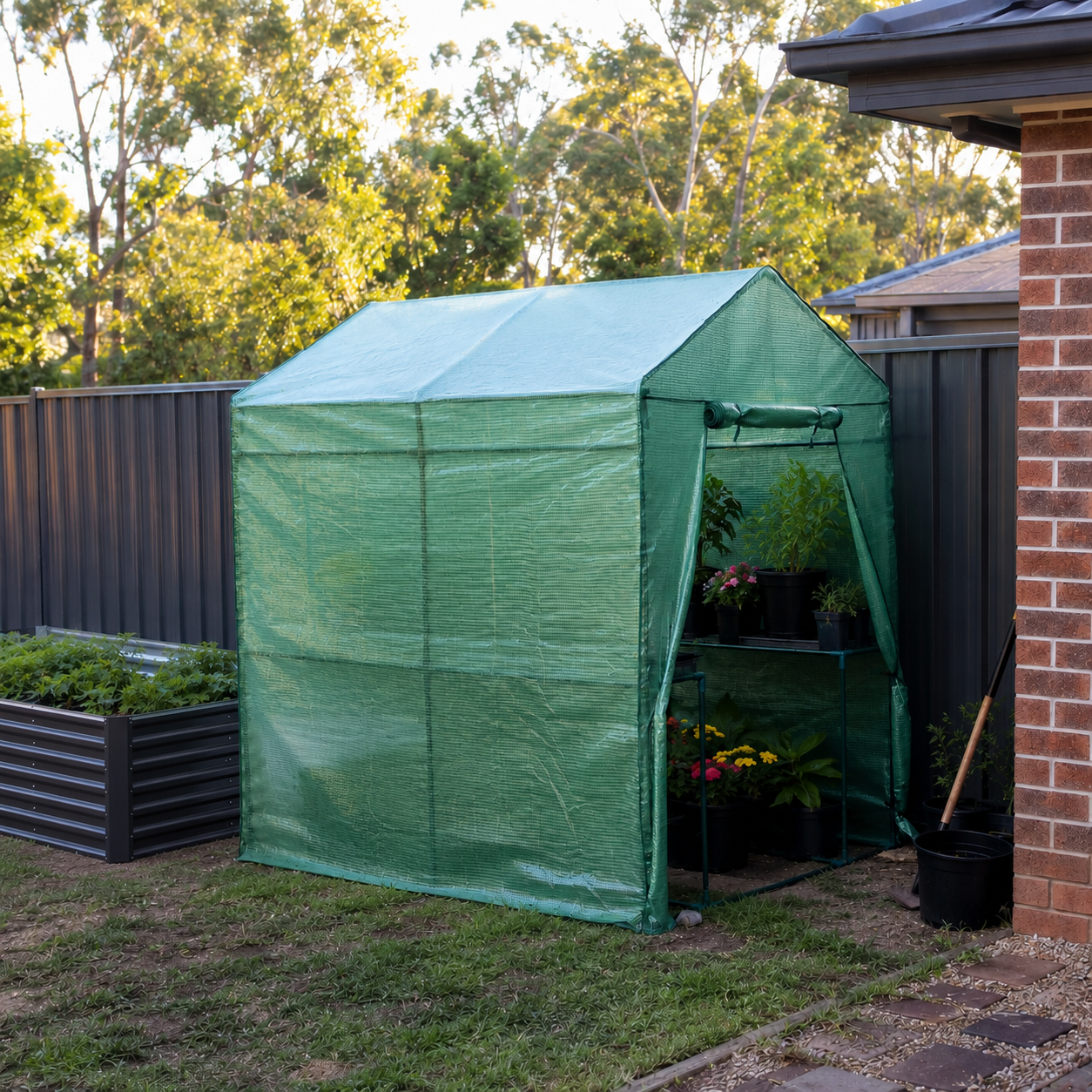 A green fabric greenhouse with a slanted roof and open front door, set up on grass in a backyard next to a brick wall and dark fence.
