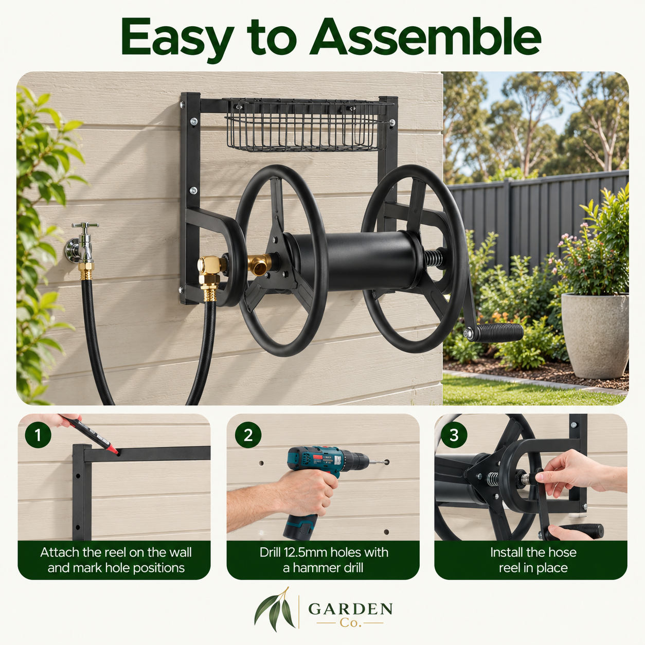 Black metal garden hose reel mounted on a beige house siding wall, with a black garden hose attached. The image includes the text 'Easy to Assemble' and three step-by-step assembly diagrams at the bottom showing how to attach the reel, drill hole positions, and install the hose reel.